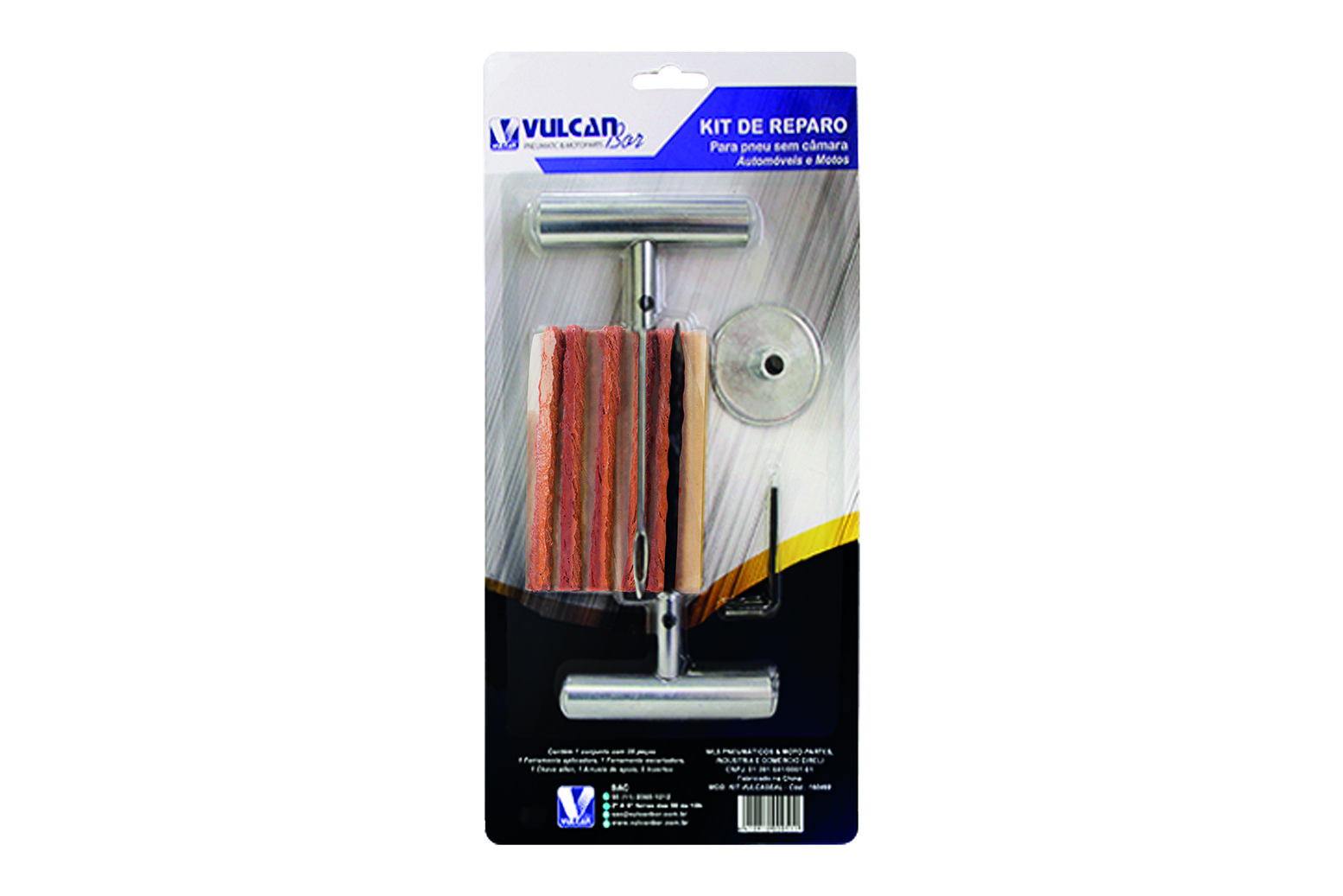 Kit p/ conserto de pneu s/ câmara de automóveis e motos c/ cabo de metal (blister)