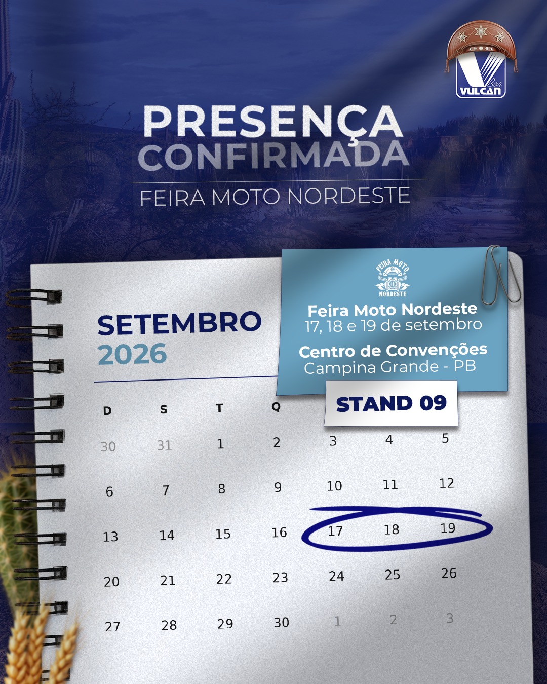 SETEMBRO TEM DESTINO CERTO!

Nos dias 17, 18 e 19 de setembro , a Vulcan.Bor estará na Feira Moto Nordeste 2026 , em Campina Grande, levando oportunid...